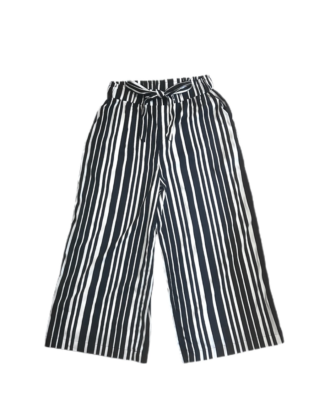 Japna High waisted 3/4 length Striped Wide Leg Tie Waist Pants Black & White